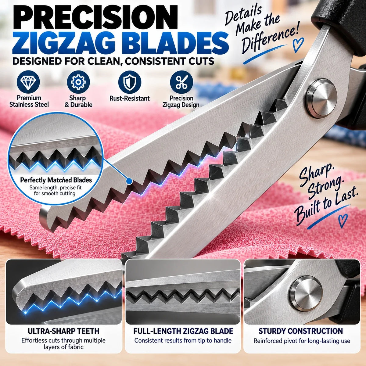 ✂️ Cut & Finish in One Step – Professional Anti-Fray Zigzag Fabric Shears